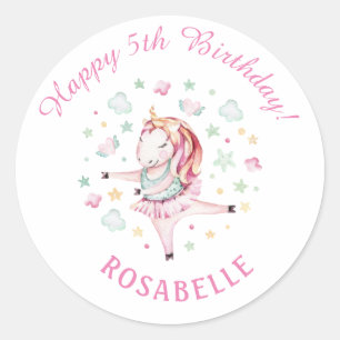 Pegatina Redonda Fiesta de cumpleaños de Unicorn Ballerina Girly PI
