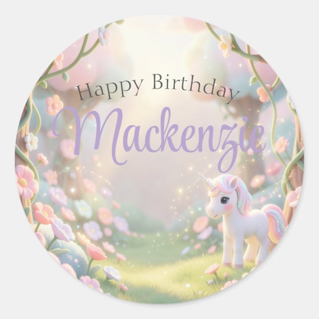 Pegatina Redonda Fiesta de Cumpleaños de Unicornio con Arcoíris Pas (Anverso)