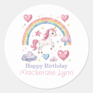 Pegatina Redonda Fiesta de Cumpleaños de Unicornio de Acuarela y Ar