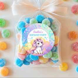 Pegatina Redonda Fiesta de Cumpleaños de Unicornio Mágico Arcoíris 