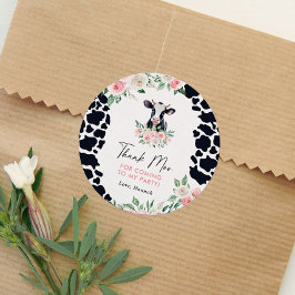 Pegatina Redonda Fiesta de cumpleaños de vaca floral rosa