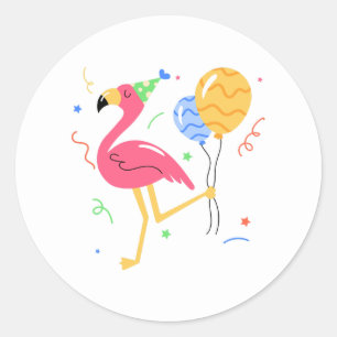 Pegatina Redonda Fiesta de Cumpleaños de Verano Flamingo Adorable 