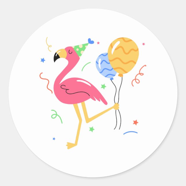 Pegatina Redonda Fiesta de Cumpleaños de Verano Flamingo Adorable  (Anverso)
