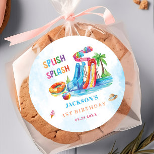 Pegatina Redonda Fiesta de cumpleaños de Water Slide Splish Splash