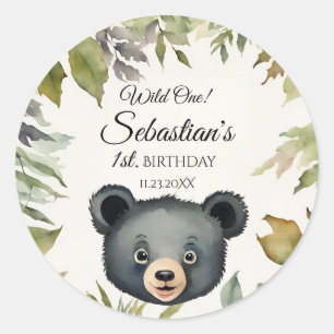 Pegatina Redonda Fiesta de cumpleaños de Wild One Woodland Bear