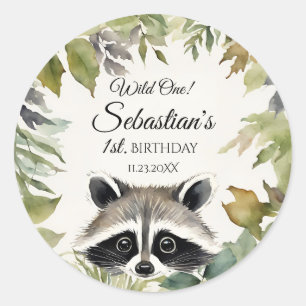 Pegatina Redonda Fiesta de cumpleaños de Wild One Woodland Raccoon