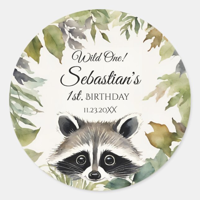 Pegatina Redonda Fiesta de cumpleaños de Wild One Woodland Raccoon (Anverso)