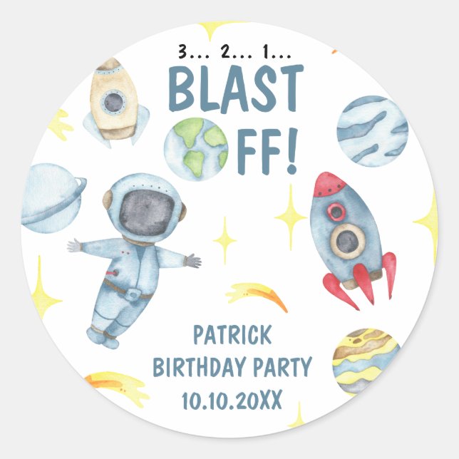 Pegatina Redonda Fiesta de cumpleaños del astronauta en el espacio  (Anverso)