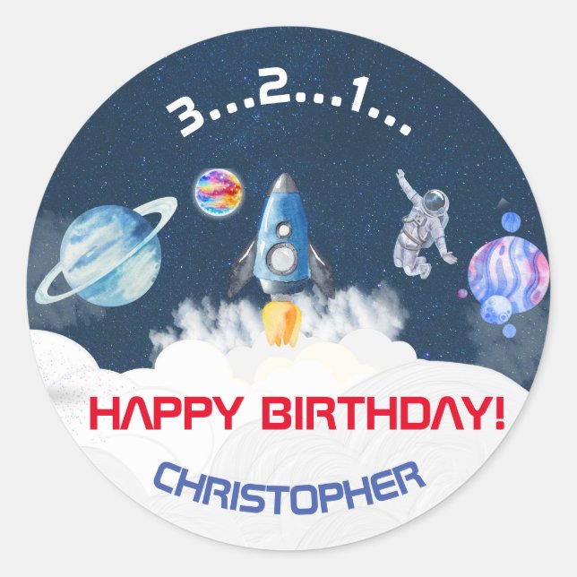Pegatina Redonda Fiesta de cumpleaños del astronauta espacial (Anverso)