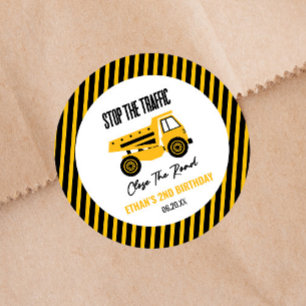 Pegatina Redonda Fiesta de cumpleaños del bulldozer de camión de co