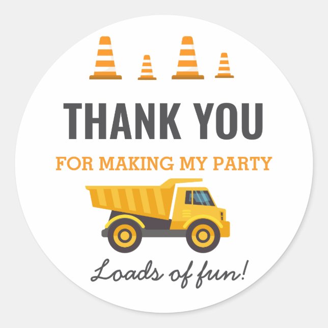 Pegatina Redonda Fiesta de cumpleaños del camión de construcción (Anverso)