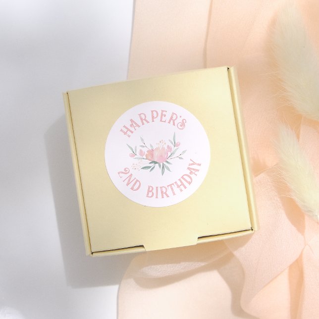 Pegatina Redonda Fiesta de cumpleaños del Chica de las flores rosad (Subido por el creador)