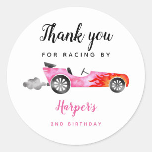 Pegatina Redonda Fiesta de Cumpleaños del Chica de Race Car