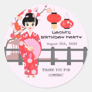 Pegatina Redonda Fiesta de cumpleaños del Chica japonés Sakura Cher