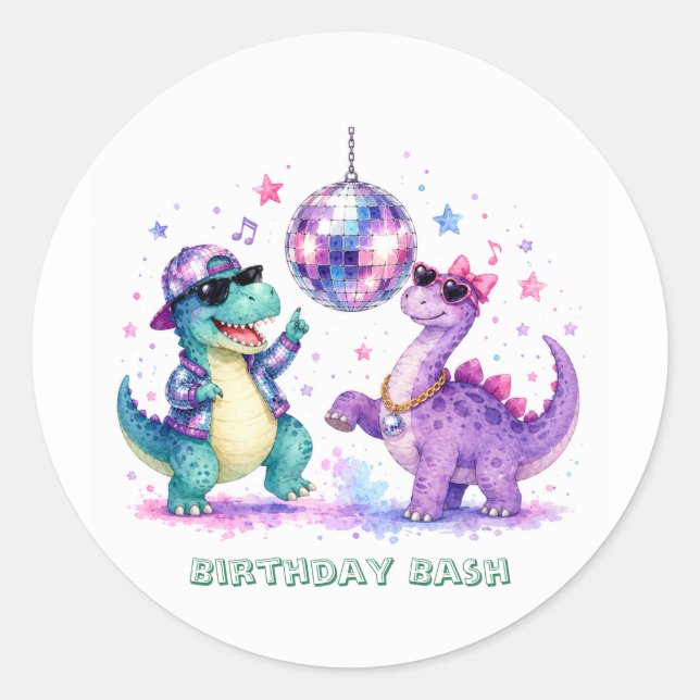 Pegatina Redonda Fiesta de cumpleaños del dinosaurio de disco acuar (Anverso)