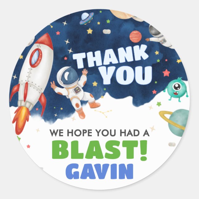 Pegatina Redonda Fiesta de cumpleaños del espacio ultraterrestre de (Anverso)