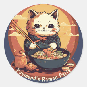 Pegatina Redonda Fiesta de cumpleaños del Fiesta Ramen con un gato 