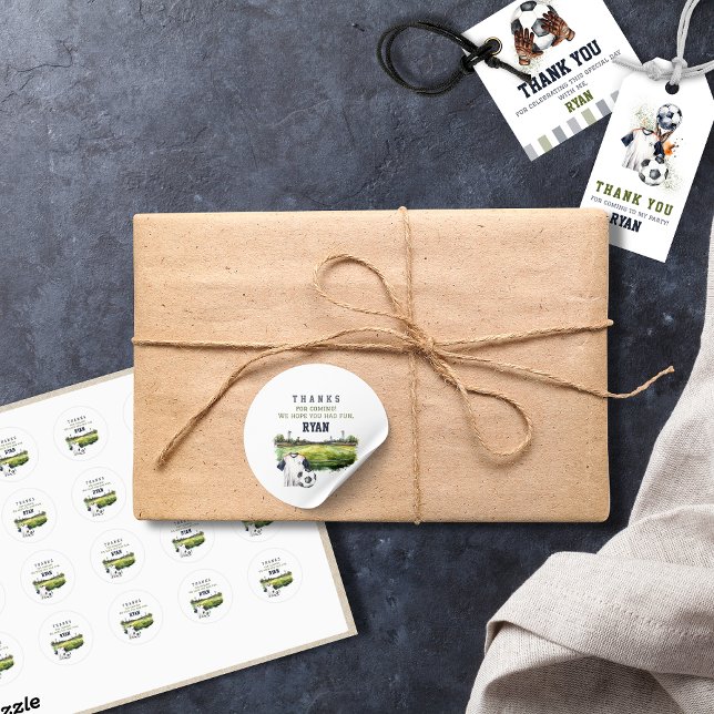 Pegatina Redonda Fiesta de cumpleaños del fútbol (Green Blue Soccer Birthday Party Thank You Stickers)