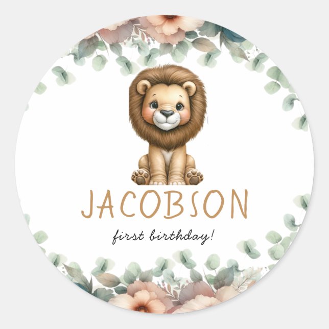 Pegatina Redonda Fiesta de cumpleaños del niño de animales salvajes (Anverso)