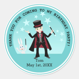 Pegatina Redonda Fiesta de cumpleaños del niño del mago