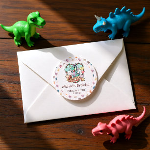 Pegatina Redonda Fiesta de cumpleaños del pequeño niño Dinosaurio