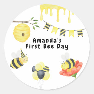 Pegatina Redonda Fiesta de cumpleaños del primer día de abeja de ac