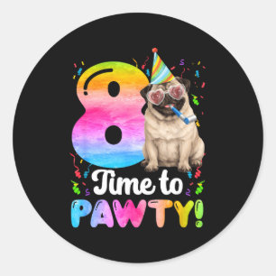 Pegatina Redonda fiesta de cumpleaños del pug número 8 cumpleaños d