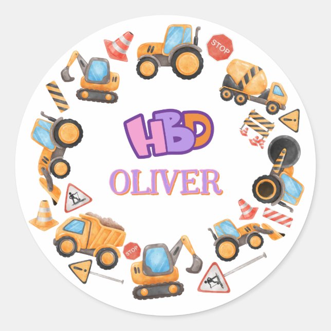 Pegatina Redonda Fiesta de cumpleaños del tema de construcción (Anverso)