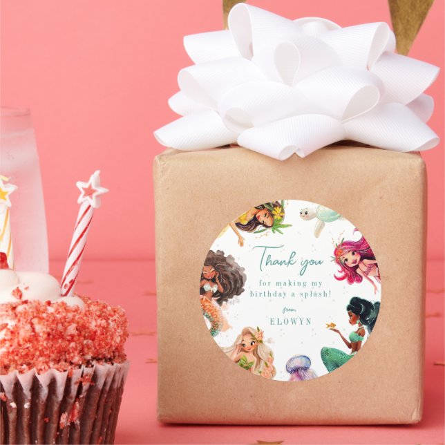 Pegatina Redonda Fiesta de cumpleaños del tema de la sirena gracias (Fiesta)