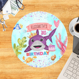 Pegatina Redonda Fiesta de cumpleaños del tiburón de cumpleaños de