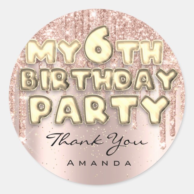 Pegatina Redonda Fiesta de Cumpleaños Dulce 6 Brillo Gotitas Rosa (Anverso)