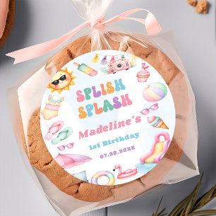 Pegatina Redonda Fiesta de cumpleaños Editable Summer Splish Splash