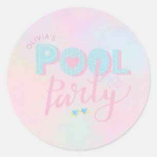 Pegatina Redonda fiesta de cumpleaños en la piscina para cualquier 