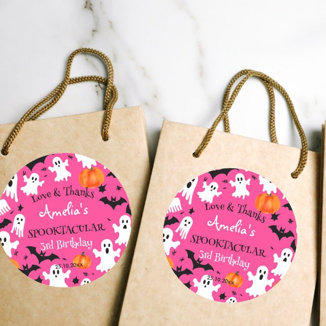 Pegatina Redonda Fiesta de cumpleaños espeluznante y espeluznante d (Halloween pink favor gift thank you stickers cute ghosts bats pumpkins girls Halloween birthday pink)