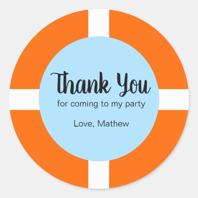 Pegatina Redonda Fiesta de Cumpleaños Favor Lifebuoy Gracias (Anverso)