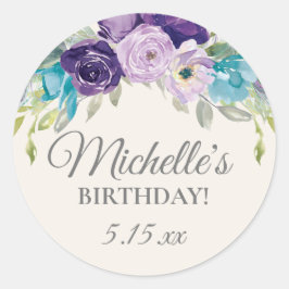 Pegatina Redonda Fiesta de cumpleaños floral Purple Blue Watercolor