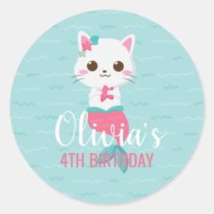 Pegatina Redonda Fiesta de Cumpleaños Gatito Sirena Purrmaid