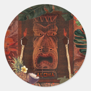 Pegatina Redonda Fiesta de Cumpleaños Hawaiana Tiki Aloha Vintage