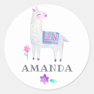 Pegatina Redonda Fiesta de cumpleaños infantil de Llama acuarela
