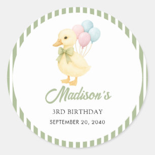 Pegatina Redonda Fiesta de Cumpleaños Infantil Tema Pato Lindo Raya