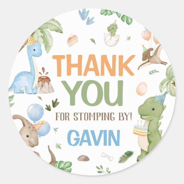 Pegatina Redonda Fiesta de cumpleaños Jurassic Cute Dinosaur
