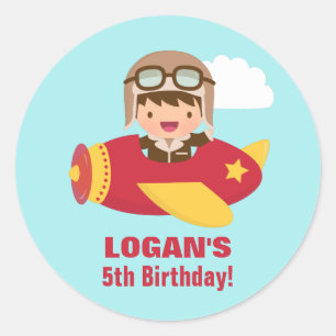 Pegatina Redonda Fiesta de cumpleaños linda del aeroplano del