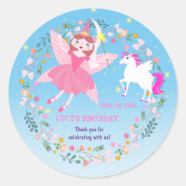 Pegatina Redonda Fiesta de cumpleaños mágico de unicornio y hadas