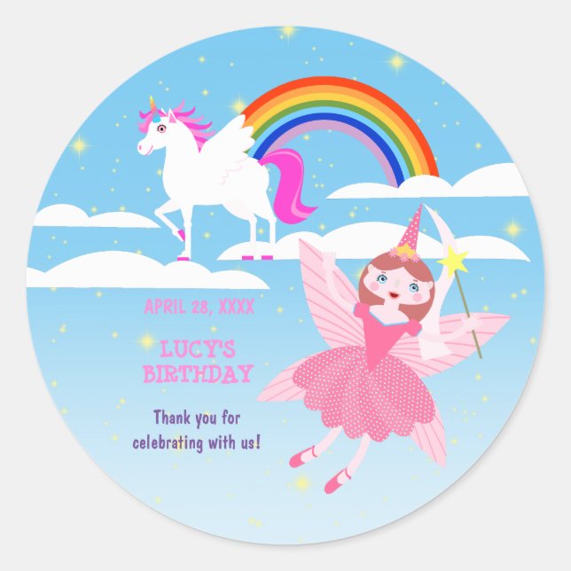Pegatina Redonda Fiesta de cumpleaños mágico de unicornio y hadas (Anverso)