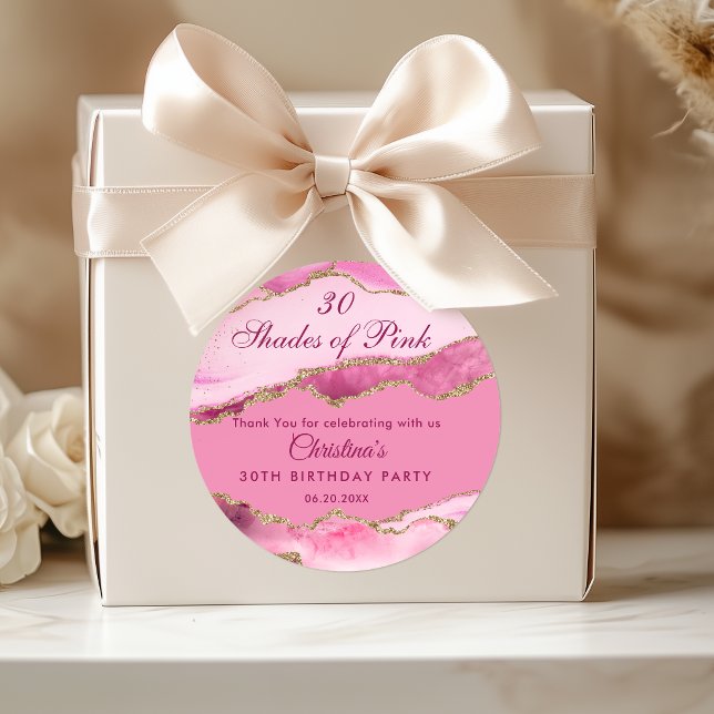 Pegatina Redonda Fiesta de Cumpleaños Modernas 30 Sombras de Rosa (Elegant Shades of pink 30th birthday party favors stickers)