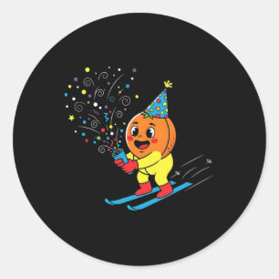 Pegatina Redonda Fiesta de cumpleaños naranja de esquí Confeti en l