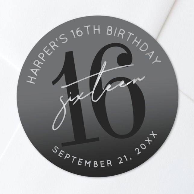 Pegatina Redonda Fiesta de cumpleaños negra número 16 (Black 16th Birthday Party Classic Round Sticker)