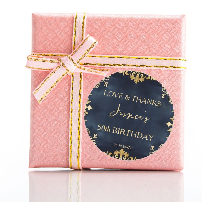Pegatina Redonda Fiesta de cumpleaños negro y oro gracias (Black and gold birthday party thank you favor sticker elegant party favors)