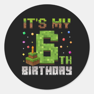 Pegatina Redonda Fiesta de Cumpleaños Niño Es Mi 6 Cumpleaños Jugad