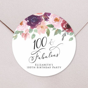 Pegatina Redonda Fiesta de cumpleaños número 100 elegante con acuar